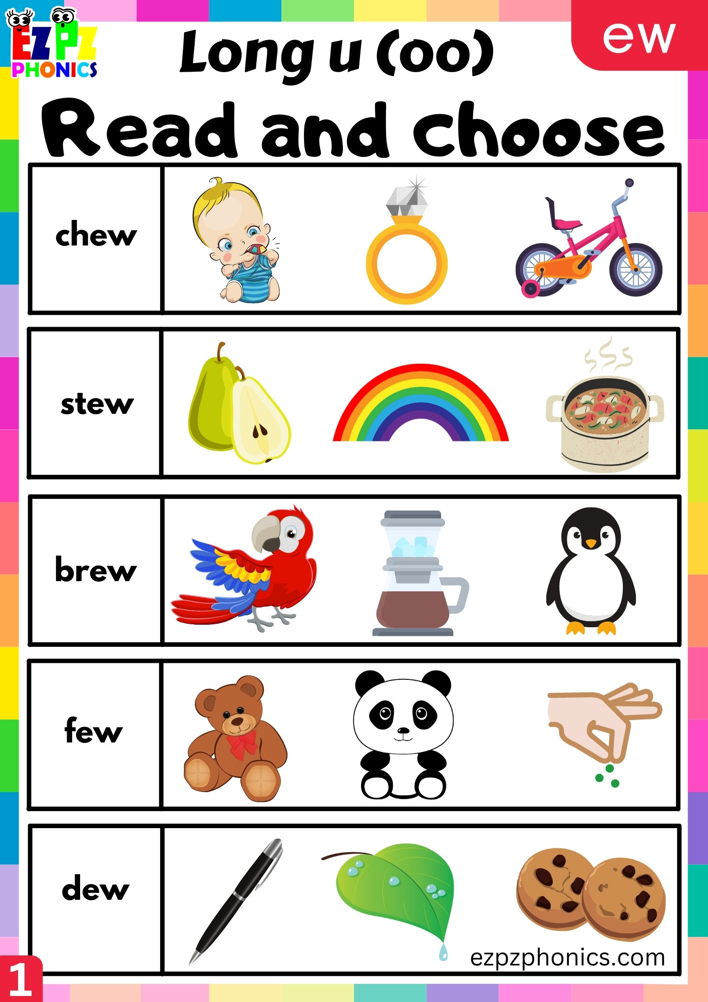 ew Words Long u (oo) Read the Word and Choose the Correct Image Worksheet PDF Download